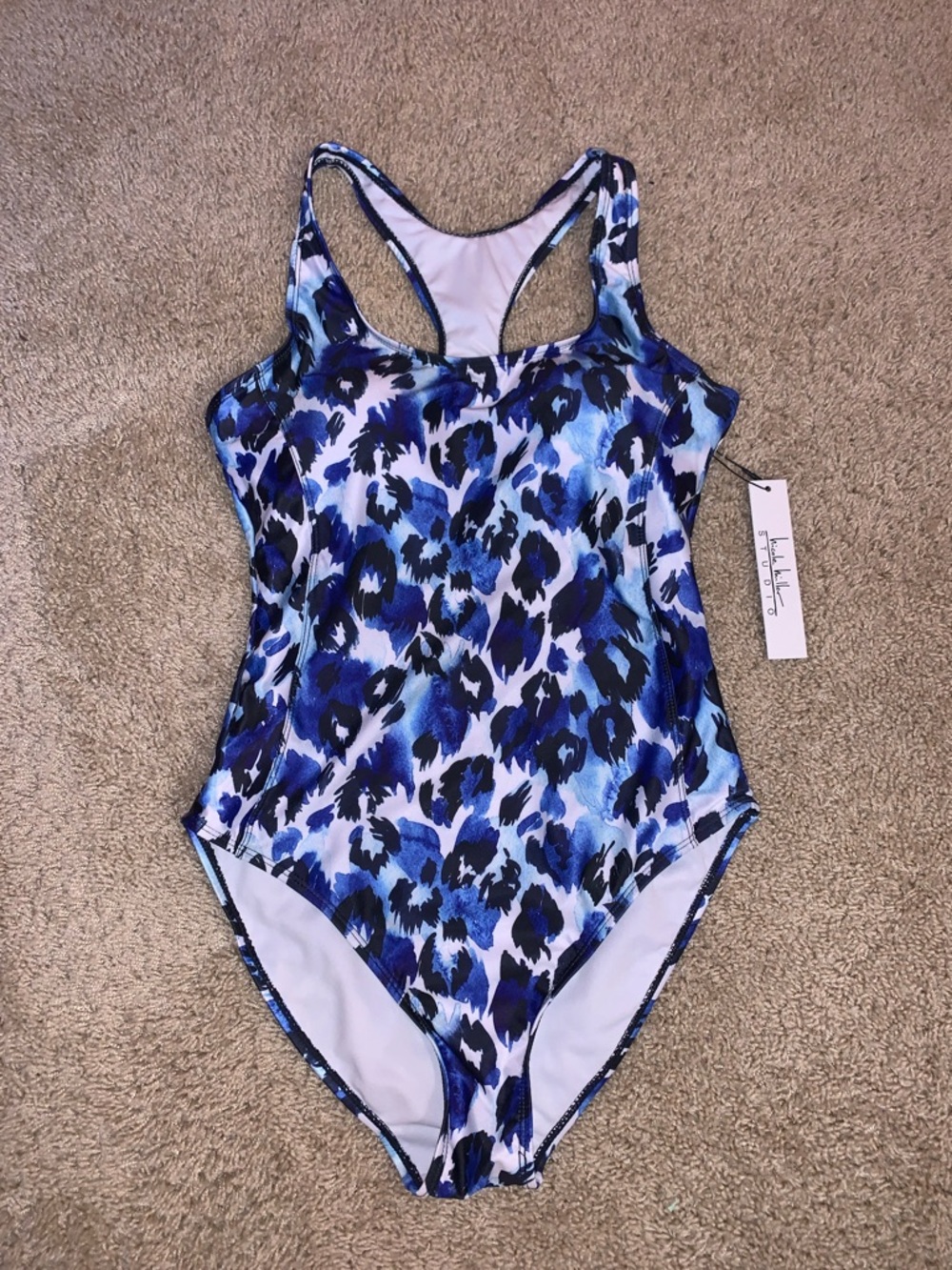 NWT Nicole Miller Women’s Blue Aqua Cheetah Print One Piece Racerback Swimsuit